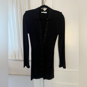 Rib-Knit Collared Black Long Sleeve Dress
